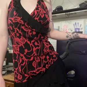 Vintage 90’s Bebe Halter Asymmetrical Red / Black Hibiscus Floral Ruffled Dress